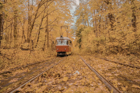 A train travels down a track surrounded by vibrant orange and yellow autumn leaves, with trees...
