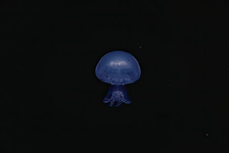 A mesmerizing purple jellyfish glows brightly against a dark background, its translucent body and...