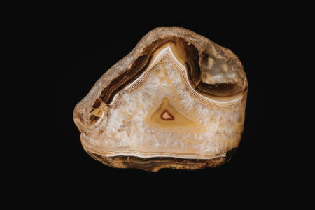 A polished slice of an agate geode, showcasing its intricate banded patterns and a central red...