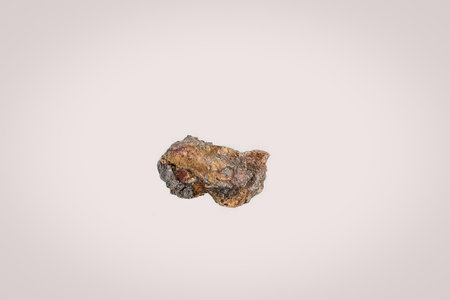 The image depicts a small, irregularly shaped rock with a predominantly orange and red color scheme,...