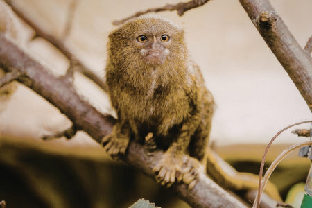 A small monkey with brown fur sits on a tree branch, looking directly at the camera.