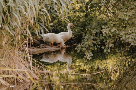 A white duck is seen standing on a log in a pond surrounded by lush greenery and tall grasses,...