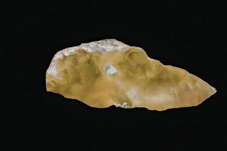 A close-up image of a yellow stone arrowhead on a black background.