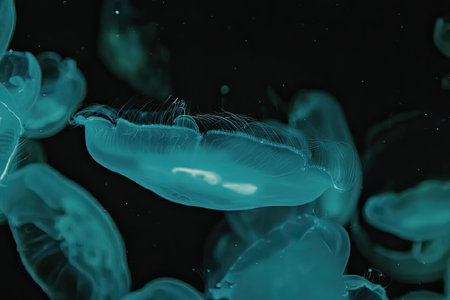 A group of glowing jellyfish swimming in the dark ocean water, their bioluminescent bodies shining brightly.の写真素材