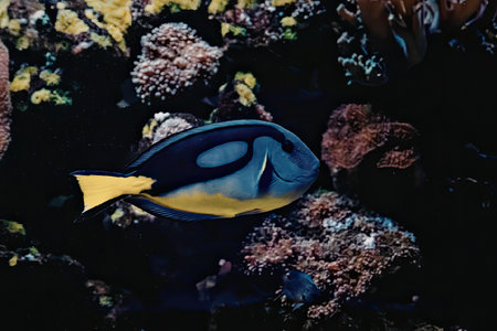 A blue and yellow fish swims near a coral reef in the ocean.