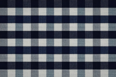 A blue and white checkered fabric with a repeating pattern of squares