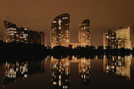 A city skyline at night with a body of water in the foreground reflecting the lights of the...