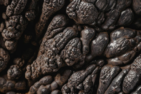 A close-up view of a black truffle's surface, showcasing its irregular, bumpy texture and dark...