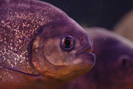 A close-up view of a purple fish with a focus on its eye and facial features, with another fish...
