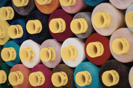 A collection of colorful spools of thread with yellow centers, neatly arranged in rows.