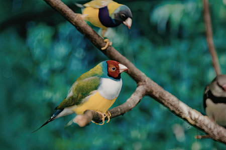 Vibrant birds with distinct plumage sit on a tree branch, showcasing their unique features.