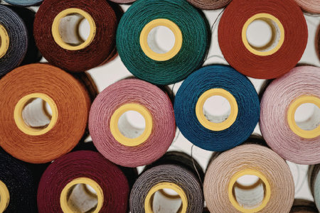 A collection of colorful spools of thread arranged in rows on a white background.