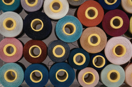 A collection of colorful spools of thread with yellow centers, arranged in rows on a flat surface.