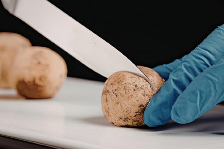 A gloved hand cutting a truffle with a knife on a white cutting board.