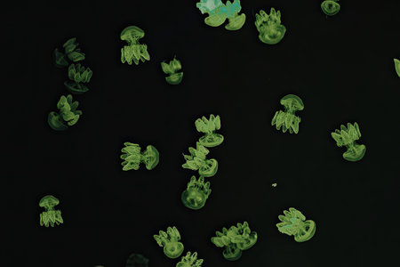 This image shows glowing green cells under a microscope against a dark background. The cells appear...