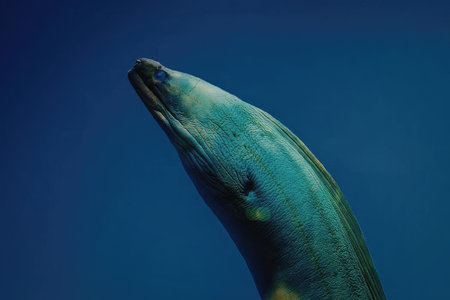 A dolphin swimming in the ocean with a blue background