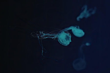 A group of glowing jellyfish swimming in the dark ocean water, their translucent bodies illuminated...