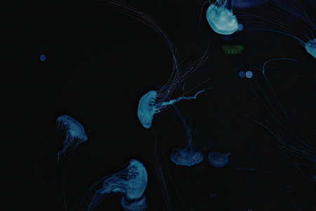 A mesmerizing image of glowing blue jellyfish swimming in dark water, their translucent bodies...