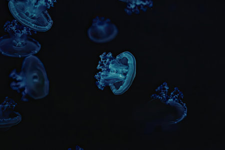A group of blue jellyfish swimming in the dark water, their bioluminescent bodies glowing brightly.