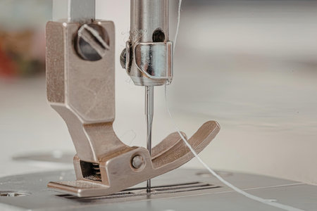 A close-up view of a sewing machine's needle and presser foot, with a white thread being sewn...