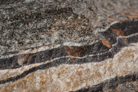 This image presents a detailed view of a rock with multiple layers, showcasing a variety of colors...