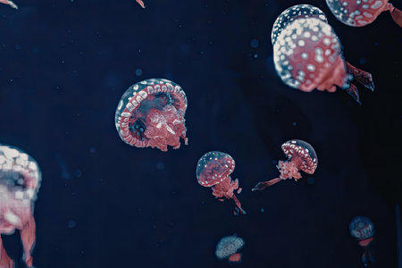 a group of jellyfish swimming in the ocean water with a dark blue background