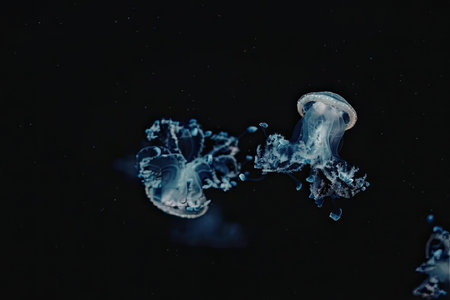 Two jellyfish are swimming in the dark water, their translucent bodies glowing with a soft blue...