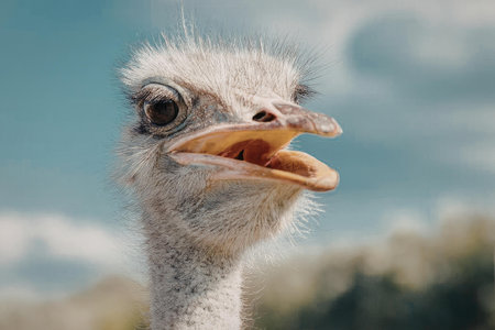 A close-up of an ostrich's head with its beak open, set against a blurred background of greenery and...