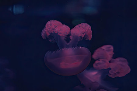 A close-up of a pink jellyfish swimming in the water with other jellyfish in the background.