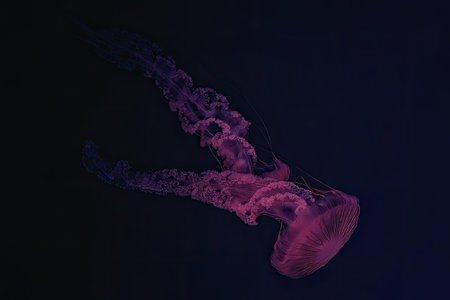 A mesmerizing purple jellyfish swimming in the dark blue water, its translucent body glowing with an...