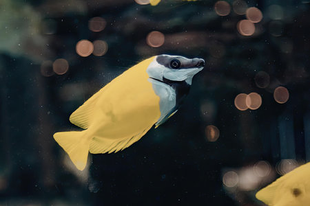 A bright yellow fish with white and black markings swims in an aquarium with blurry lights in the...