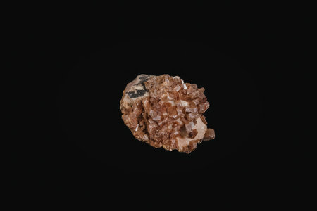 The image features a close-up view of a rock with a predominantly red and brown coloration, set...