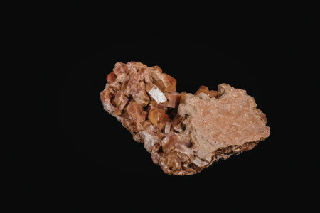 A detailed view of a reddish-brown rock with a white mineral deposit on a black background.