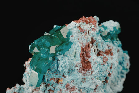 A close-up image of a green mineral on a rock with red and blue hues