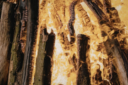 A large fire is burning logs, creating a warm and intense flame.