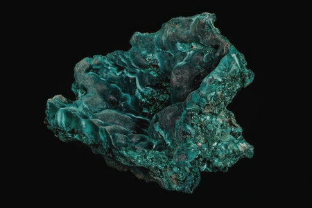 A close-up image of a green mineral specimen with a rough texture and vibrant color against a black...