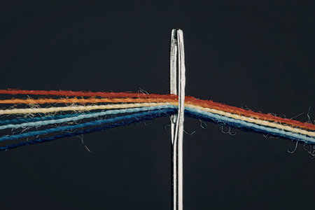 The image depicts a close-up view of a needle with multiple strands of thread in different colors,...