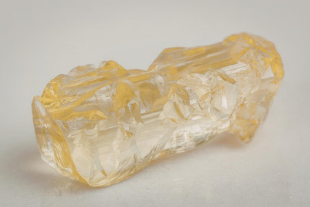 This image shows a large yellow crystal with a rough, faceted surface sitting on a white surface....