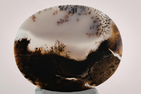 This image features a large oval shaped agate geode with a predominantly white and brown color...