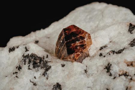A large, red gemstone sits on top of a white and black rock. The gemstone is faceted and has a deep...