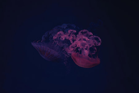 A vibrant purple jellyfish swimming in the dark blue ocean, showcasing its translucent body and...