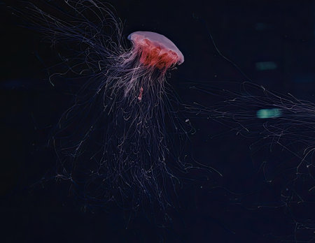 A pink jellyfish with long, thin tentacles swimming in the dark water.