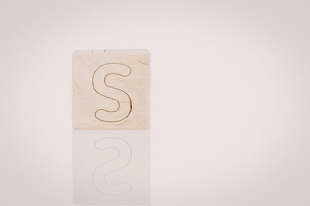 A small, square wooden block with a carved letter S on its surface, set against a white background.