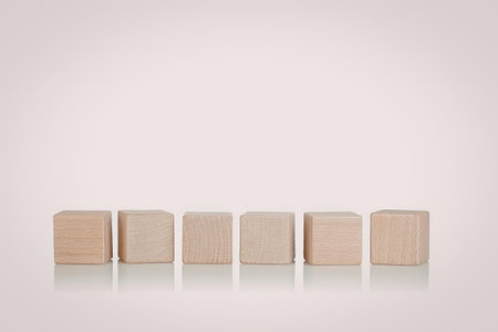 A row of six wooden blocks on a white background
