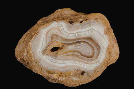 This image showcases a stunning slice of an agate geode, highlighting its intricate patterns and...