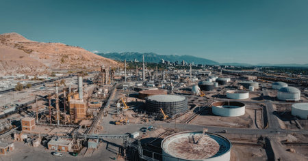 An aerial view of a large industrial complex with numerous storage tanks and processing facilities,...