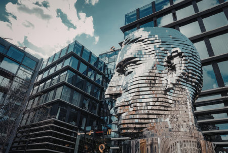 a large metal sculpture of a face in front of modern glass buildings