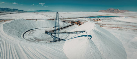 A large blue crane sits in the middle of a snowy landscape. The crane appears to be part of a mining...