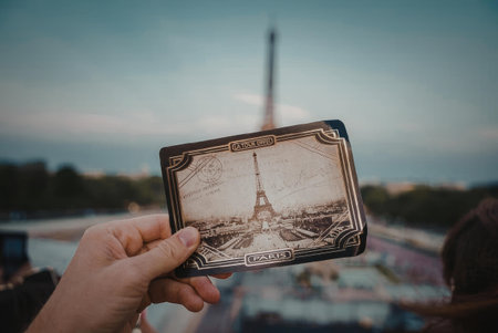 A hand holding a vintage postcard or photo of the Eiffel Tower with the actual tower in the...