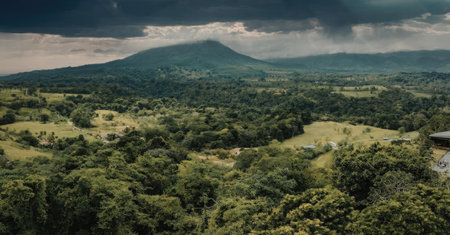 The image depicts a serene and vibrant green landscape with a majestic mountain in the background....